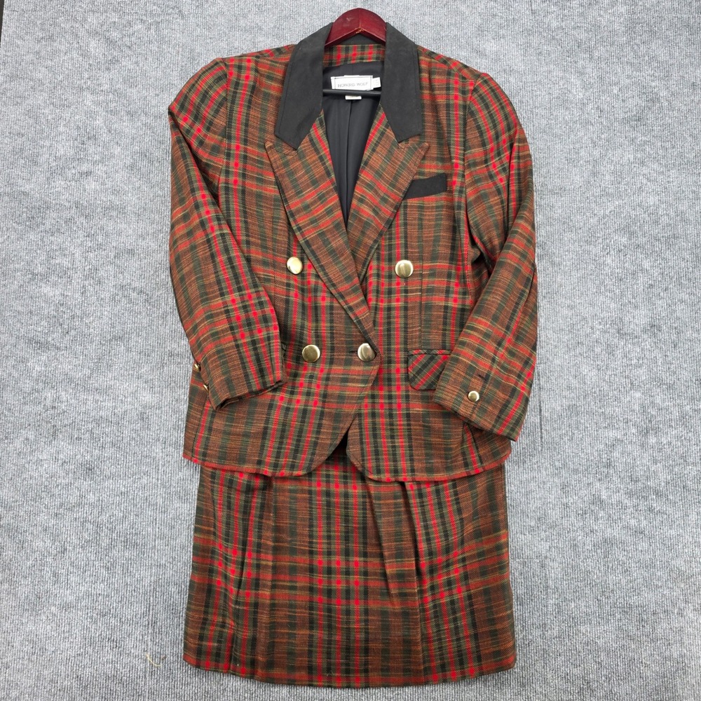 Howard Wolf Vintage Plaid Skirt Suit Red Double Breasted Blazer Set 8 Made USA